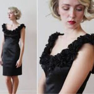 Maggie London Black Satin Dress Ruffle Neckline Size M
